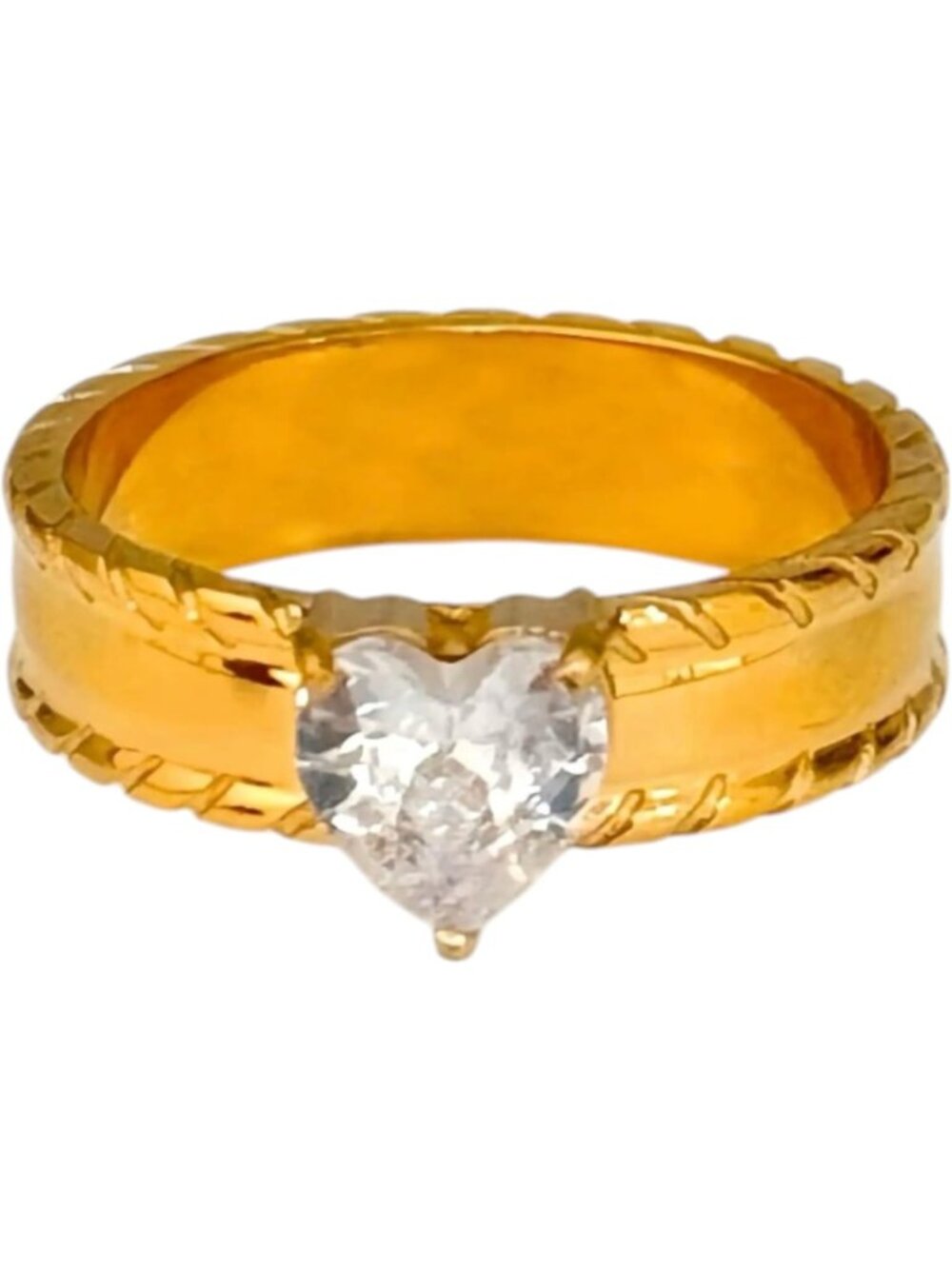 18K Gold-Filled Heart Band Ring for Women - Stainless Steel, Diamond Accent